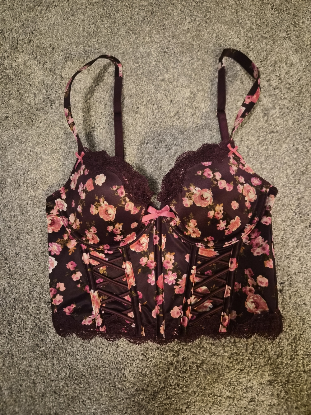 Victoria's Secret Plum Floral Lace Longline Bustier with Pink Roses